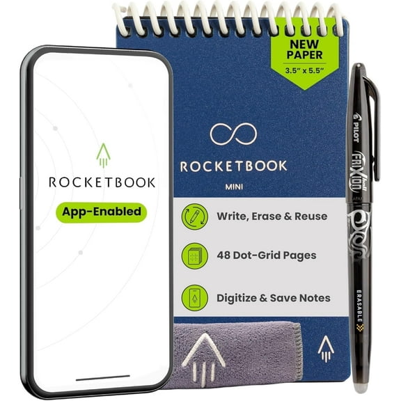 Rocketbook Smart Reusable Mini Notepad - On-the-go Notes, Pocket-Sized, Navy Blue