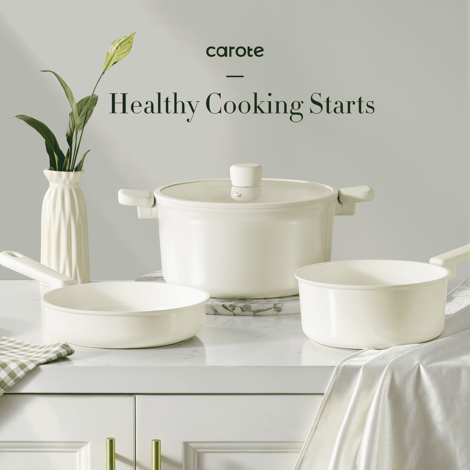 Carote Nonstick Ceramic Cookware Set 12-Piece,Kitchen Pots and Pans Set,Stay-Cool Handles,Induction Compatible,Cookware Set for RV and Camping,White