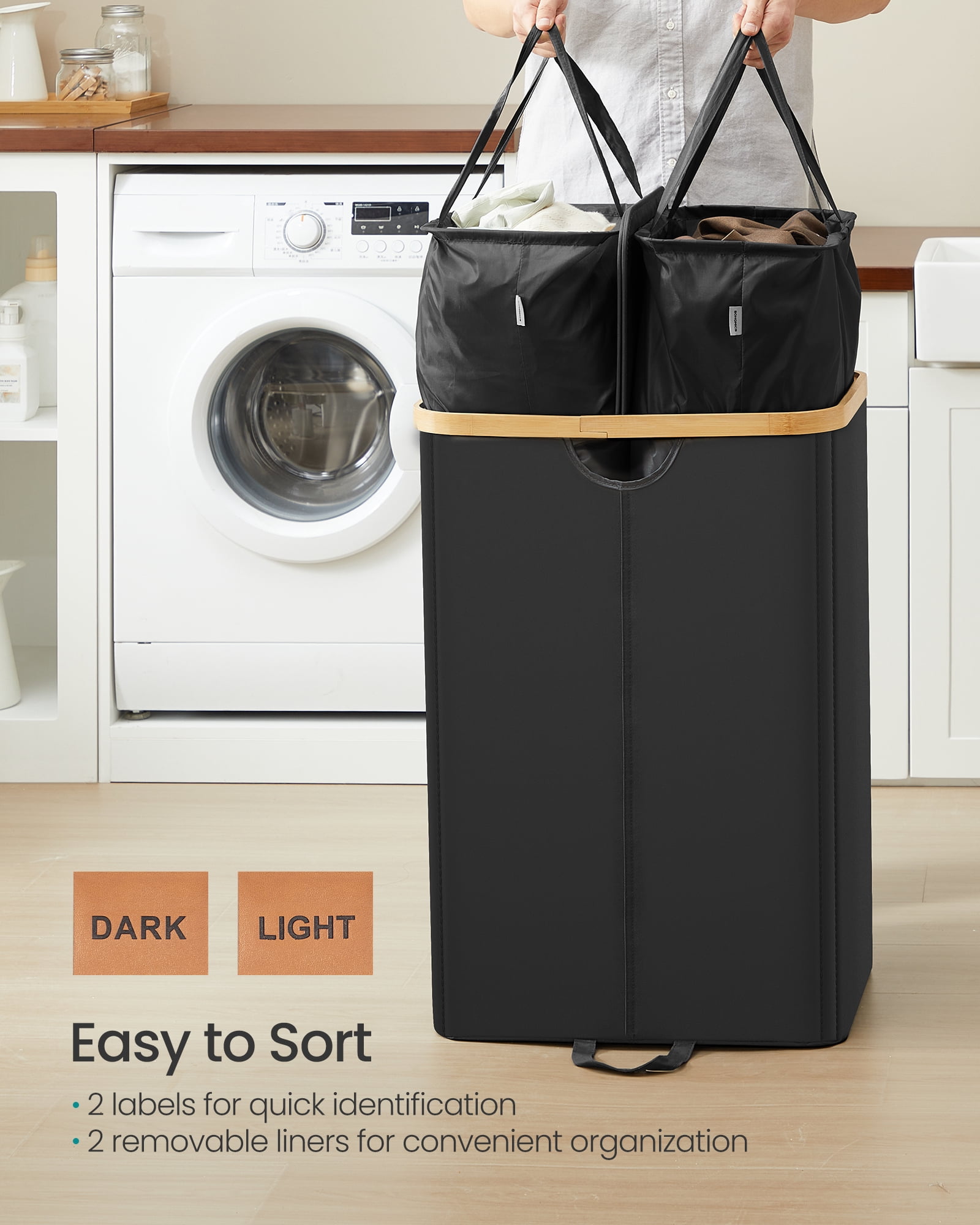 SONGMICS Laundry Hamper with Lids, Laundry Basket with 2 Compartments, 39 Gal. (150 L), Removable Liner Bag, Ink Black and Light Bamboo