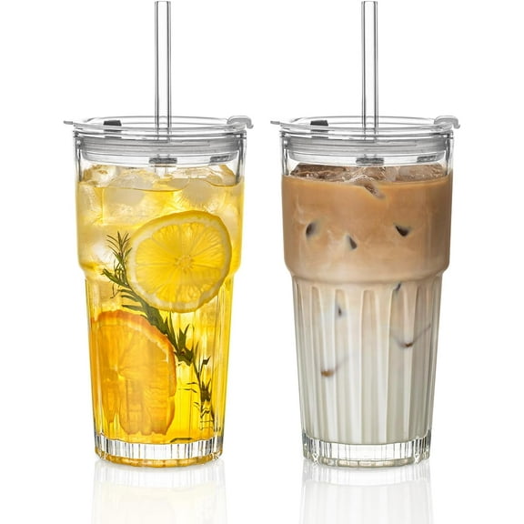 20 oz Clear Glass Tumbler Set with Lids and Leather Sleeves – 4-Pack Iced Coffee Cups with Glass Straws & Brushes, Reusable Drinking Glasses for Smoothies, Tea, Juice, Beer, Cold Beverages