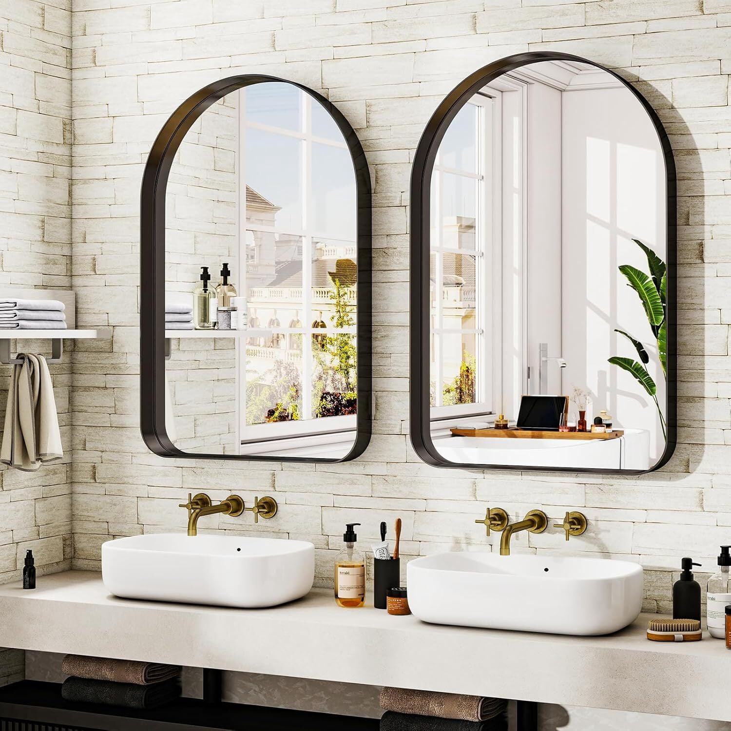 Anyrose 30"x 20"Arched Bathroom Mirror Wall Mirror Deep Frame Hanging,Black