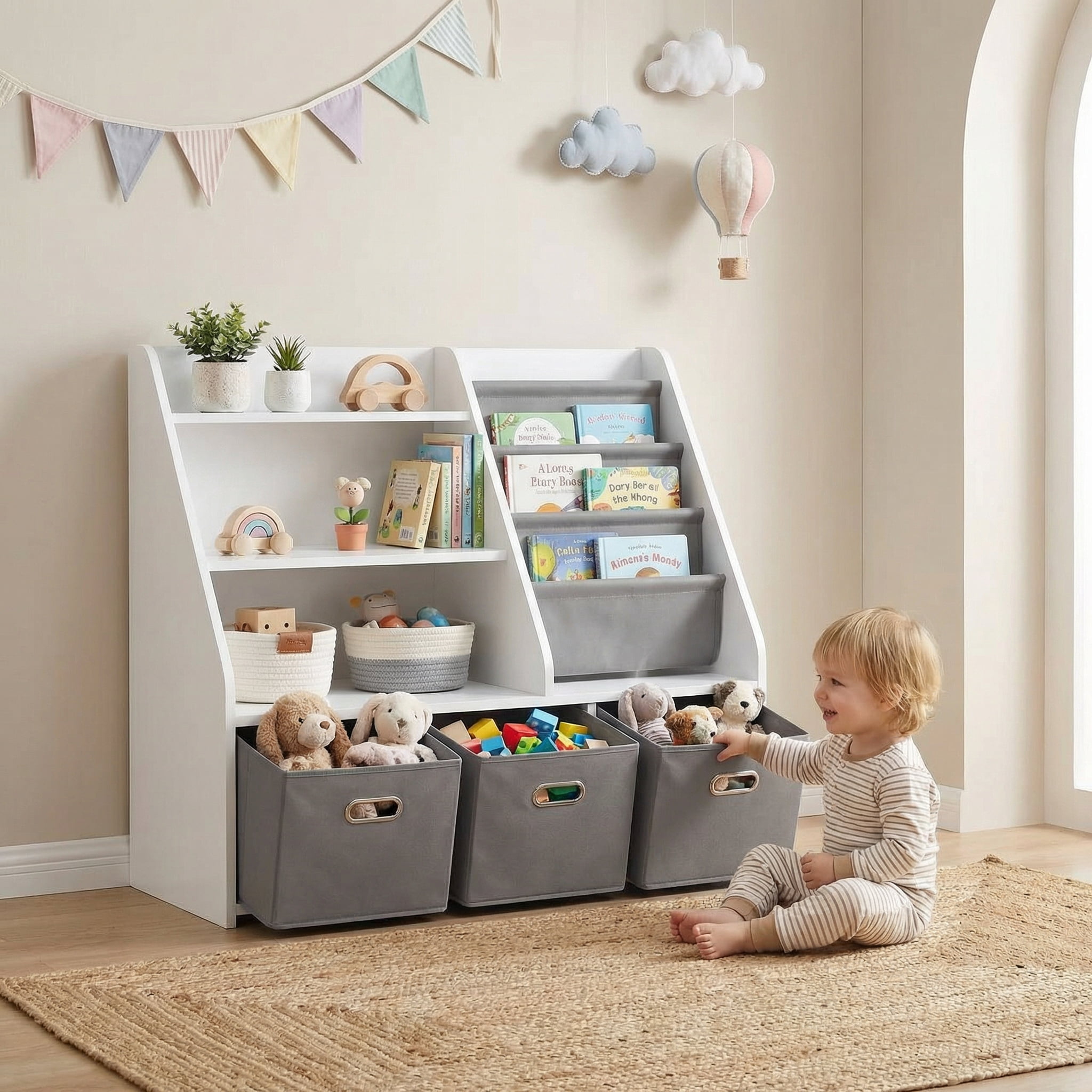 AACULPET Montessori Bookshelf and Toy Storage Organizer, 3-in-1 Wood Bookshelf with 3 Fabric Toy Bins & Sling Book Rack for Baby Toddler, Kids Bookcase with Toy Storage for Nursery Playroom Classroom