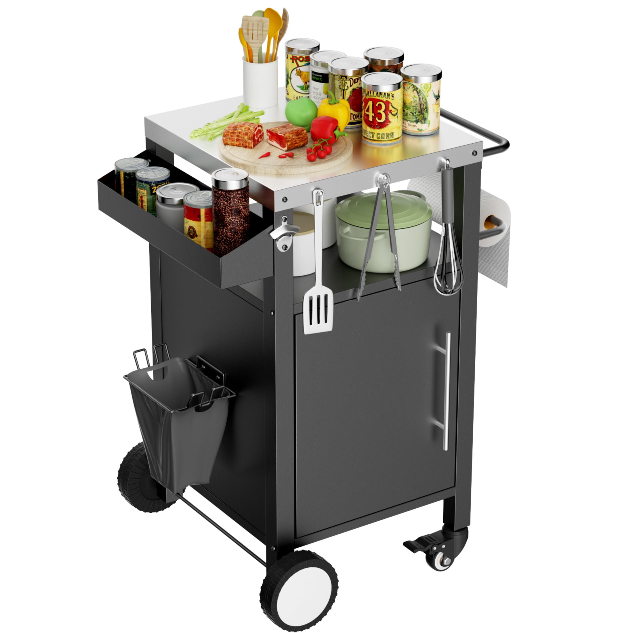 Noble House Outdoor BBQ Grill Table Cart, Stainless Steel Rolling Bar Cart with Cabinet, Hooks & Locking Wheels, Black