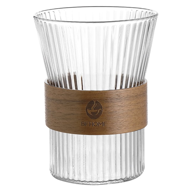Taza De Vidrio De Boca Ancha Taza De Café Vertical Anti-Escaldado Líneas Verticales De Boca Ancha Taza De Agua De Vidrio Con Anillo De Sujeción Redondo De Bambú Para Restaurante En Casa Scienceny HA018875-00