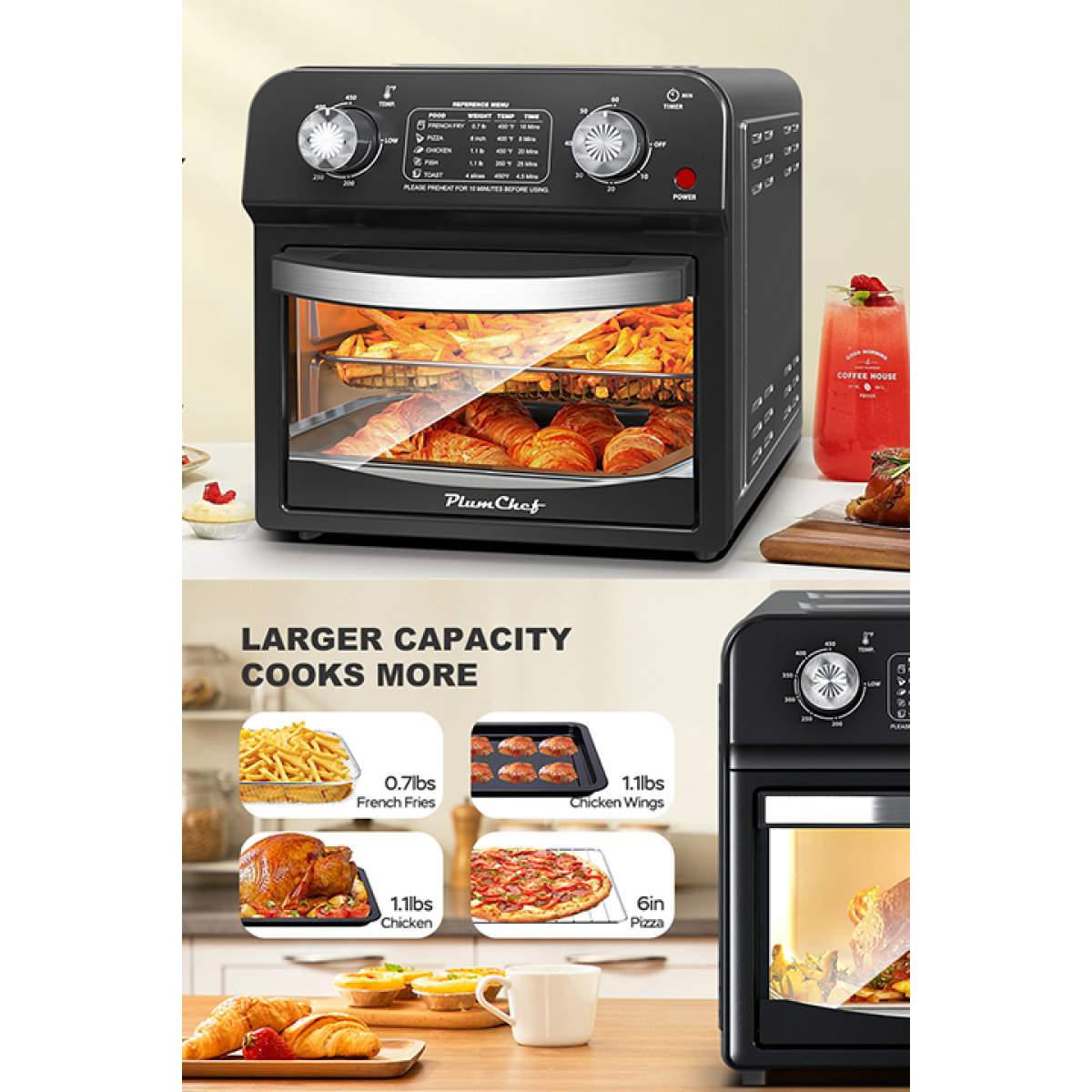 Black 12.5 Quart 7-in-1 Convection Toaster Oven - 1500W Stainless Steel 5 Pre-set Menus