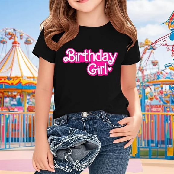 Frwgonr Girls Birthday T-shirts Short Sleeves Blouse Crewneck Birthday Graphic Summer Kids Tee Tops 2-15 Years, Black