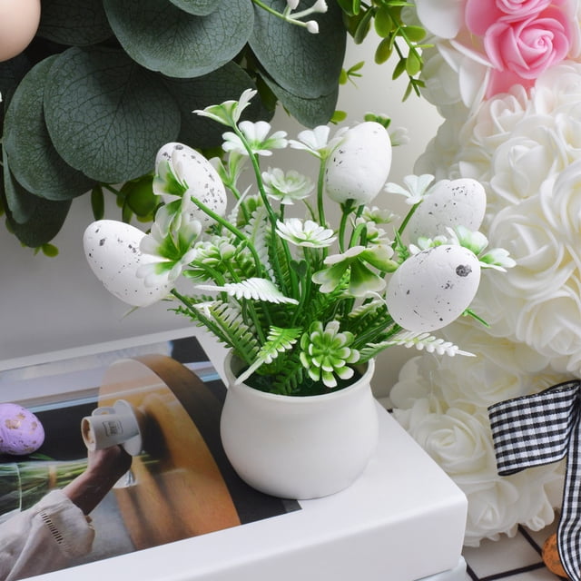 Dianli Easter Decor Mini Potted Egg Plants Spotted Easter Egg Simulation Mini Potted Tabletop Decor Faux for Centerpiece Easter Basket Fillers Holiday