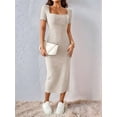 thumbnail image 4 of Women 2025 Summer Ribbed Short Sleeve Bodycon Maxi Dress Side Slit Knit Square Neck Long Sundress Khaki XS, 4 of 6