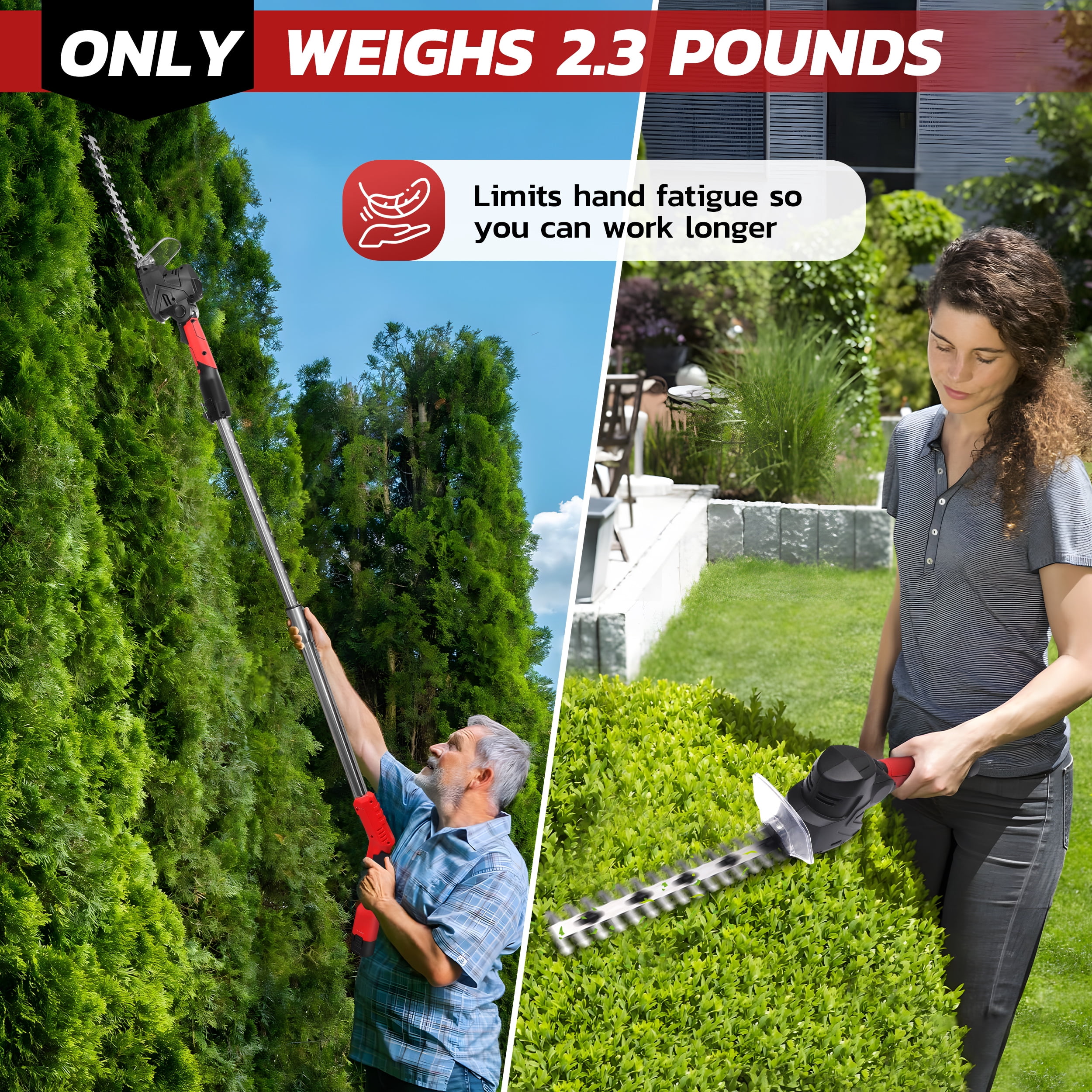 RELOIVE  4-in-1 Telescoping Pole Hedge Trimmer/Grass Shear/Shrub Trimmer/Grass Trimmer with 2.0 Ah Battery,12V (Red)