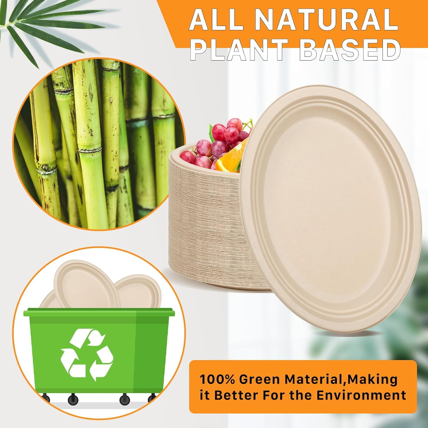 50 Pack Oval Paper Plates,12 inch Paper Plates Heavy Duty,Compostable Natural Bagasse Unbleached Sugarcane Plate,Disposable Plate for BBQ Party Picnic Gathering(Brown)