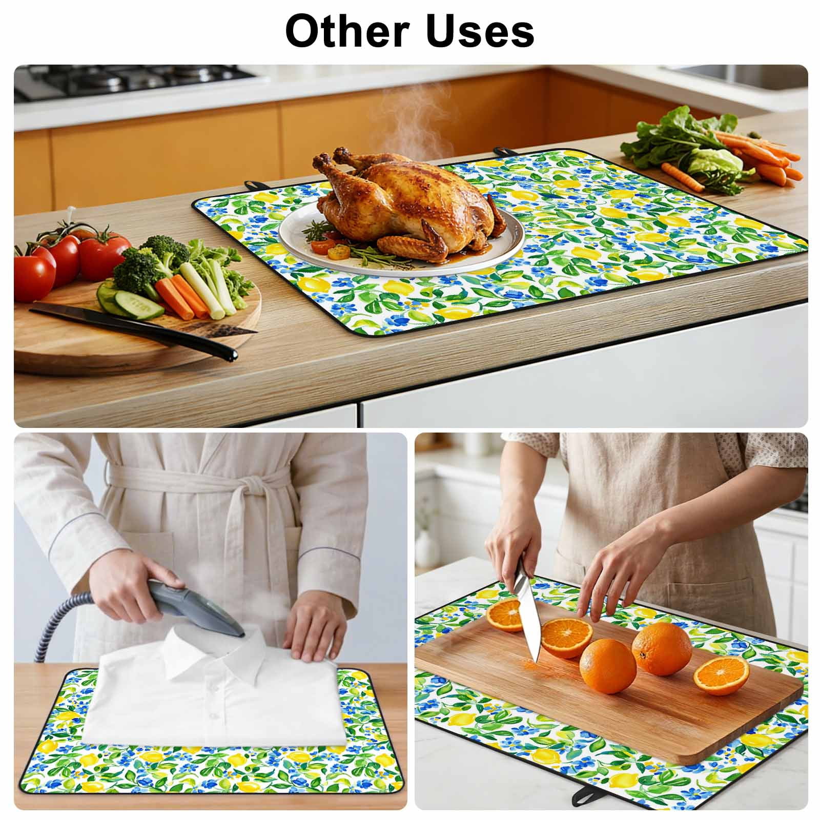 Summer Lemon Stove Top Cover for Electric Stove, Heat-proof & Non Slip Glass Top Stove Cover Protector, Green Botanical Blue Flowers Kitchen Flat Cooktop Rubber Mat 24x21 Inches