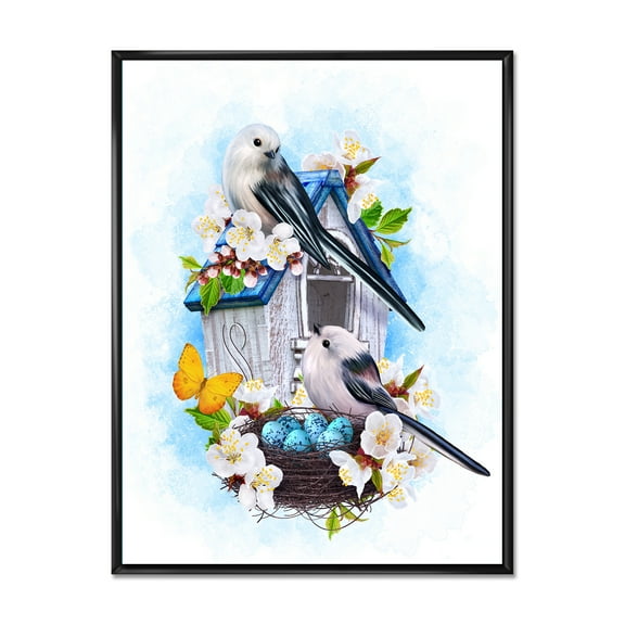 Designart 'Two Tit Birds Sitting Near The Nest With Eggs and White Flowers II' Traditional Framed Canvas Wall Art Print