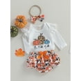 thumbnail image 3 of Wassery Baby Girls 3Pcs Halloween Outfits Infant Summer Clothes Pumpkin Printed Romper Top +Tutu Ruffle Shorts Skirt +Headband 0-18 Months, 3 of 9