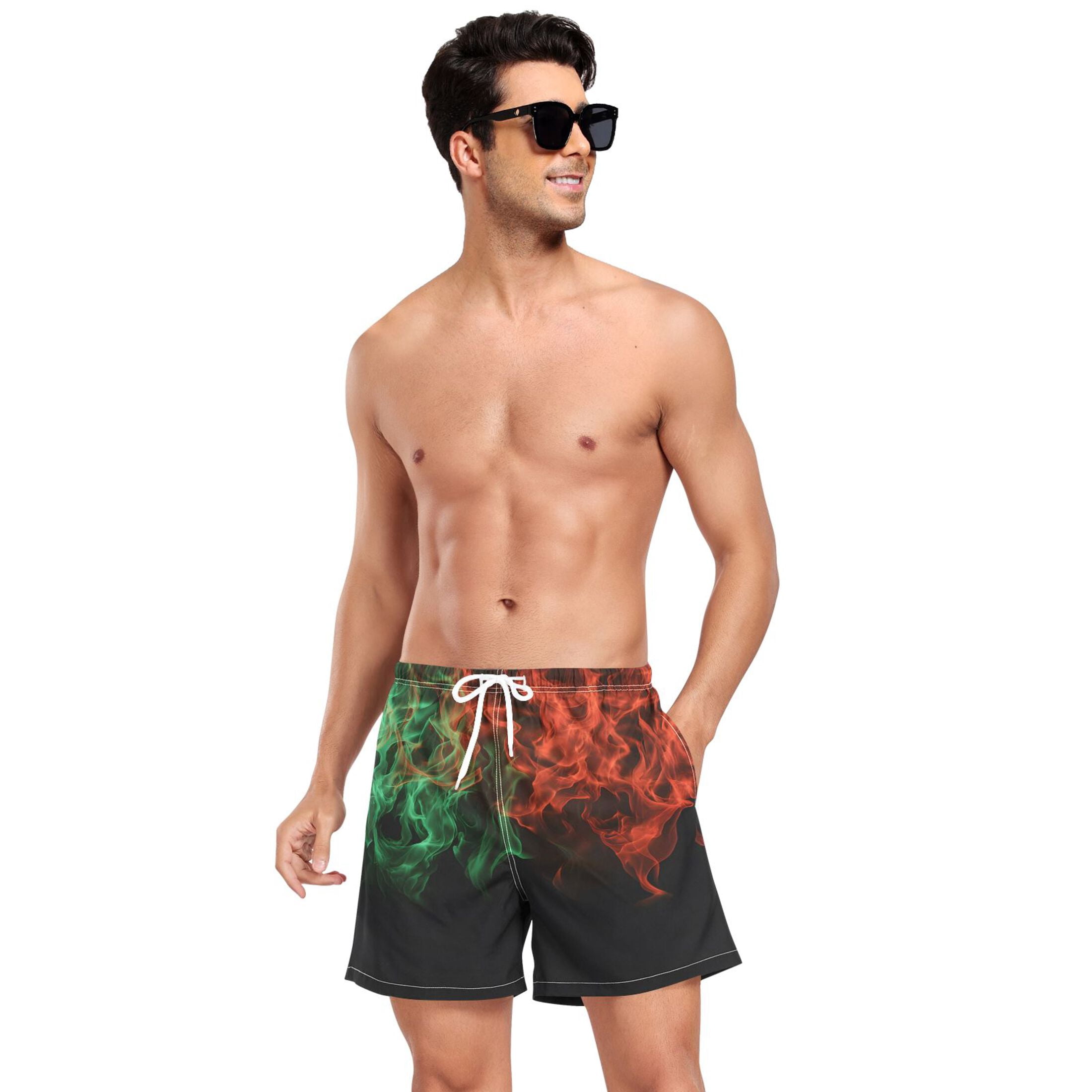 joogoo Men's Red Green Flames Swim Trunks with Liner Pocket Beach Shorts Large