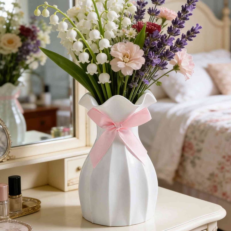 Bow Vase for Home Decor, 6.3in Cute Coquette Gifts for Women Girls Decorative Ceramic Hand Made Vases for Bouquet Flower Modern Aesthetic Living Room Wedding Decor, White