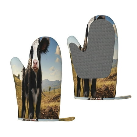 

Hirioo Cute Prairie Cow for Silicone Oven Mitts for BBQ Baking Cooking Set of 2 Heat Resistant 260℃ Non-Slip Kitchen Essentials