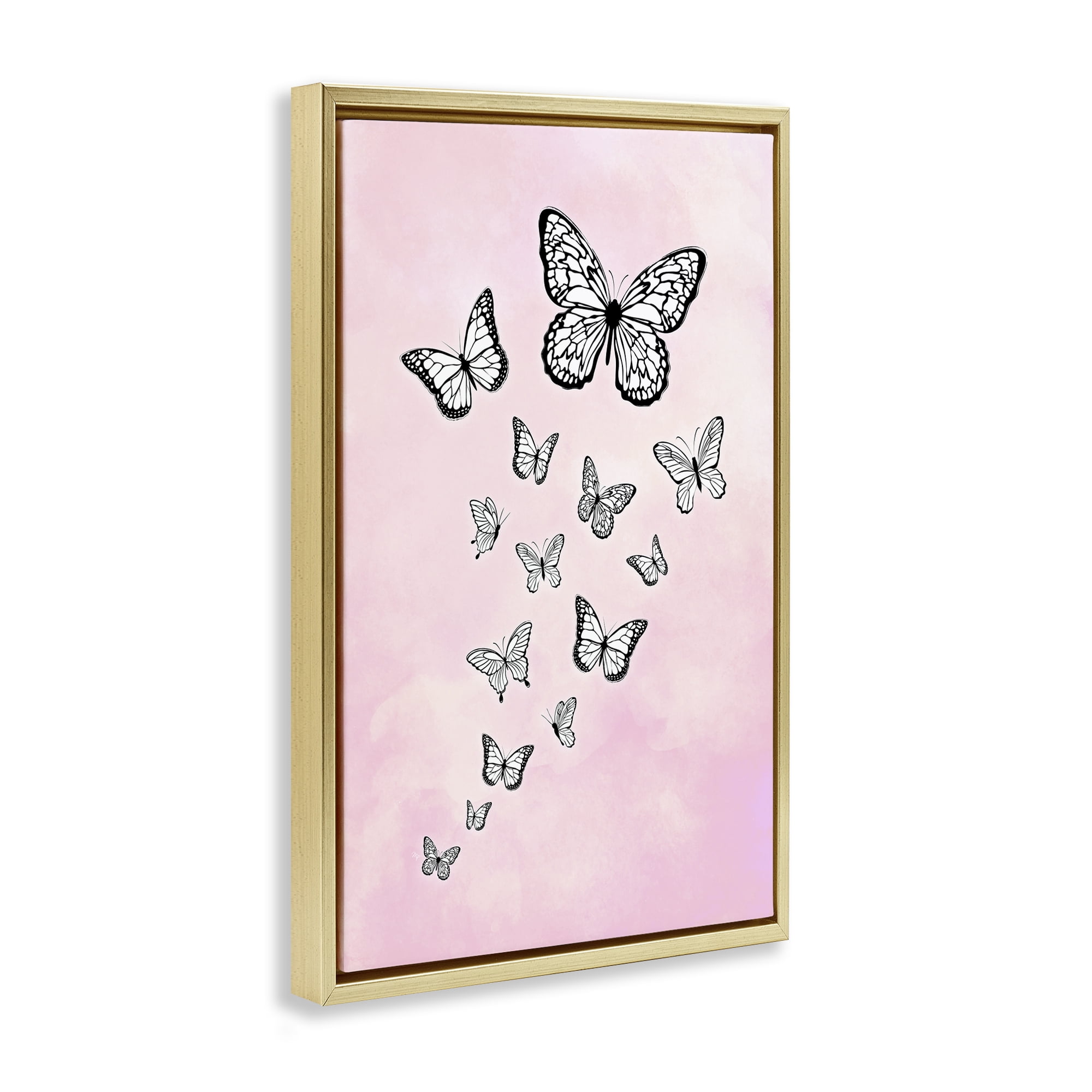 Stupell Industries Pink Fluttering Butterflies Animals Painting Gold Floater Framed Canvas Art Print Wall Art, 17 x 25