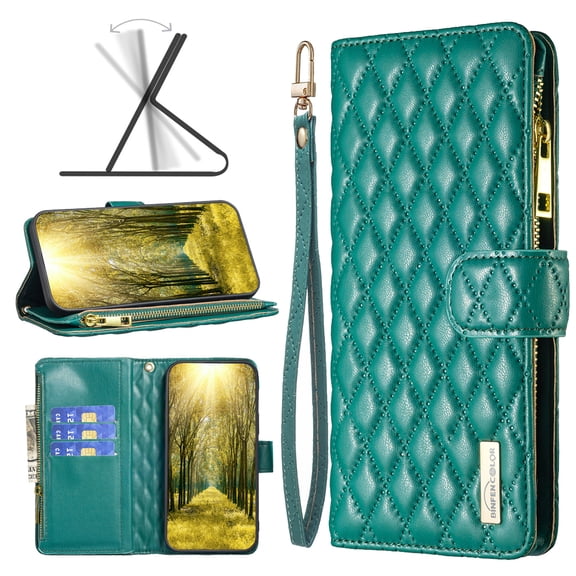 Elegant Wallet Case Compatible with Samsung Galaxy S20 (6.2 inch), Premium PU Leather Zipper Flip Folio Wallet with Wrist Strap Magnetic Closure Built-in Kickstand Protective Case (Green)