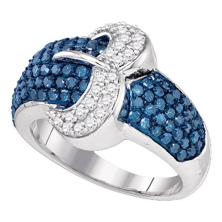 Blue Diamond Buckle Ring 10k White Gold Belt Cocktail Band Dome Style Round Cluster Set Fancy 1-3/8 ctw