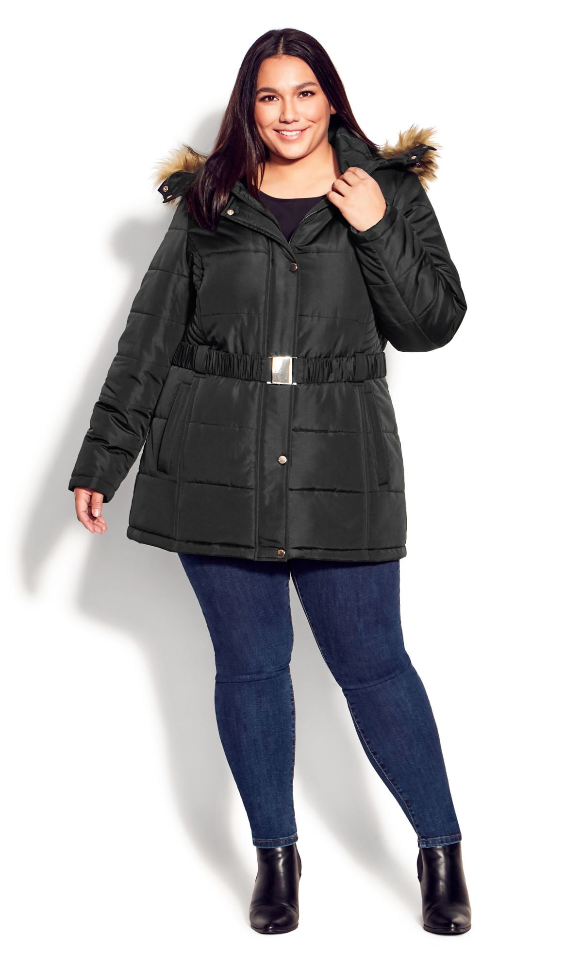 Avenue Women's Plus Size Puffer Belted Hood Long Sleeves Coat