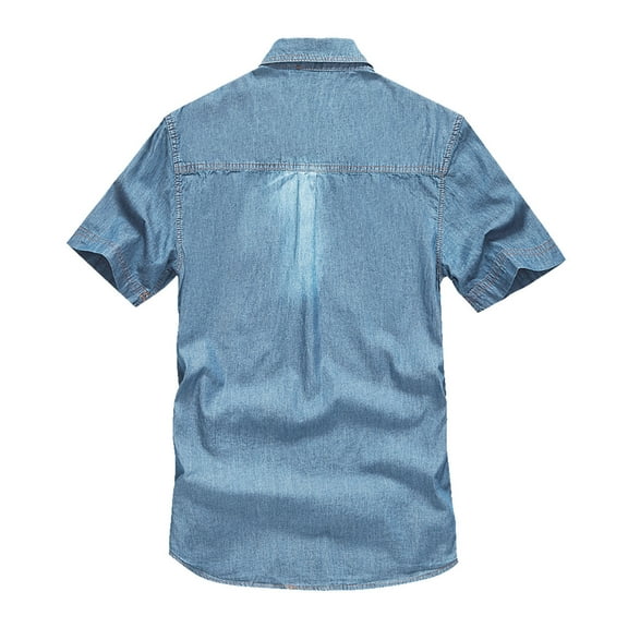 Mens T-shirts Men's Retro Large Size -Pocket Button Short-Sleeved Lapel Work Shirt Ski under Shirt Men Athletic Wear Tops for Men plus Shirts Short Sleeve Running Short Pack Stretch Tee Blue 2XL