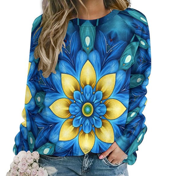 Blue Floral Kaleidoscope Print Hoodie Round Neck Long Sleeve Cute Casual Hoodie Loose Plus Size Fashion Hoodie