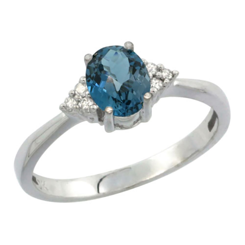 10K White Gold Diamond Natural London Blue Topaz Engagement Ring Oval 7x5mm, sizes 5-10 by WorldJewels