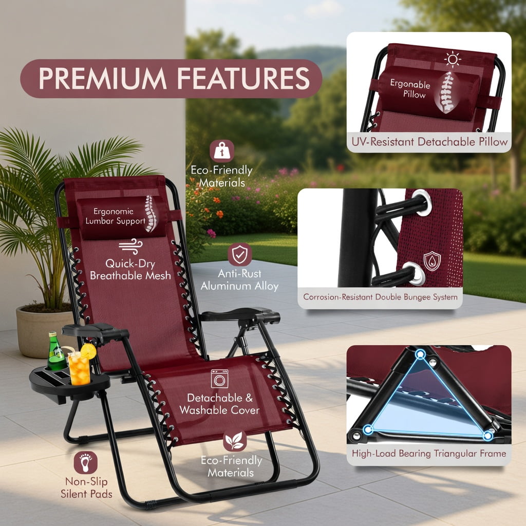 Hommoo Zero Gravity Folding Lounge Chair for Outdoor & Indoor Use, Heavy-Duty Steel Frame, Compact Foldable Design with Cup Holder & Adjustable Recline, Dark Red