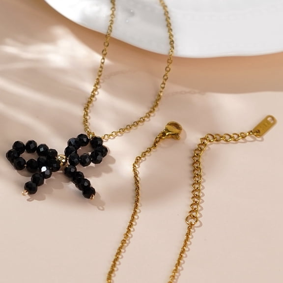 Glass Beaded Bowknot Pendant Necklaces Golden Tone Metal Chain Minimalist Jewelry for Women Black