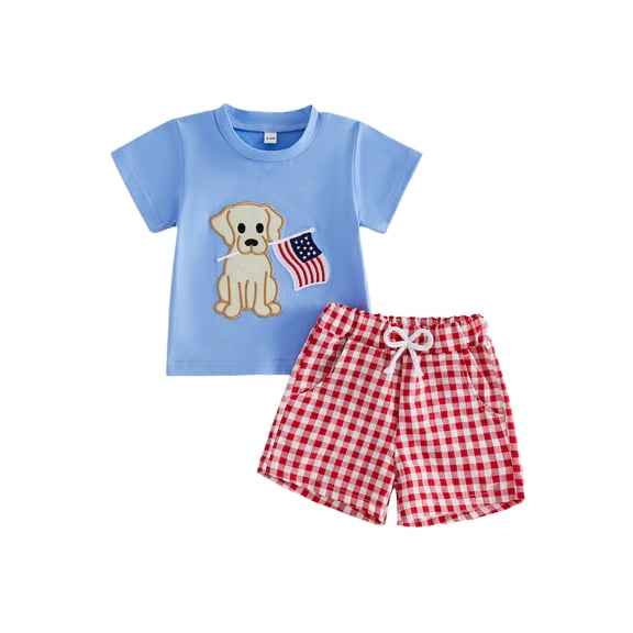 BemeyourBBs Toddler Baby Boy 4th of  July Outfit Newborn Baby Memorial Day Independent Day Outfit Patriot Dog Flag Embroidery Short Sleeve T-shirt with Plaid Shorts Set Baby Boys Summer Clothes