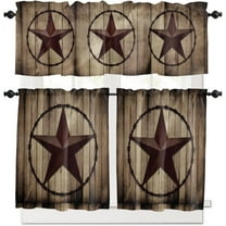 Western Kitchen Curtains and Country Valance Set, Texas Star Retro Rustic Wooden Boards Small Short Half Farmhouse Tier Curtains 24 Inch Length Kitchen Decor for Cafe Bathroom Nursery Bedroom