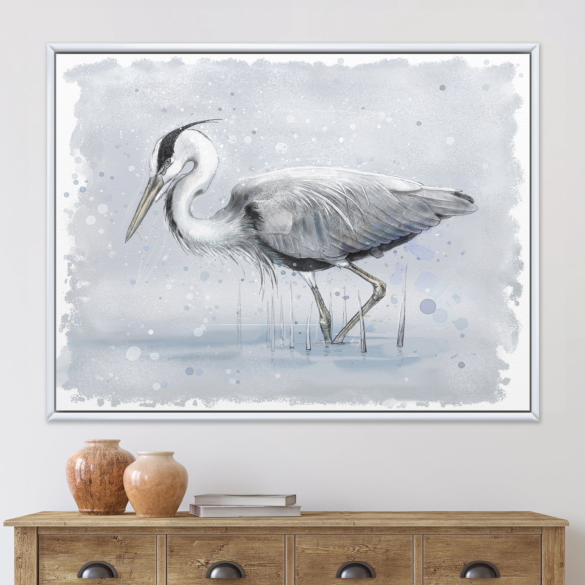 Designart 'Grey Heron Bird In Lake' Farmhouse Framed Canvas Wall Art Print