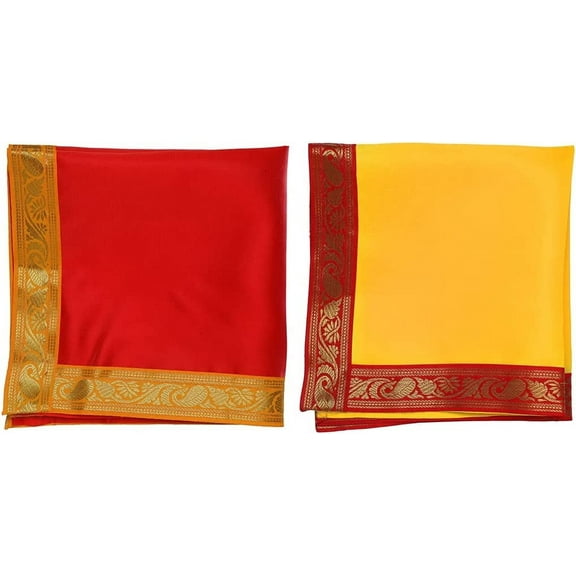Red & Yellow Small Pooja Cloth Mat Aasan Decorative Cloth Set of 2 (Size:-16 Inches X 16 Inches,) for Multipurpose Pooja Decorations Item & Article Yellow Laxmi