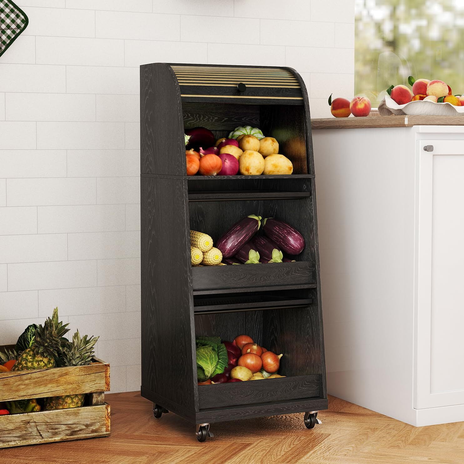 Movable Potato & Onion Storage Bin, Mid Century Modern Wood Pantry Cabinet with Sliding Door, Wheels & Bread Storage, Black