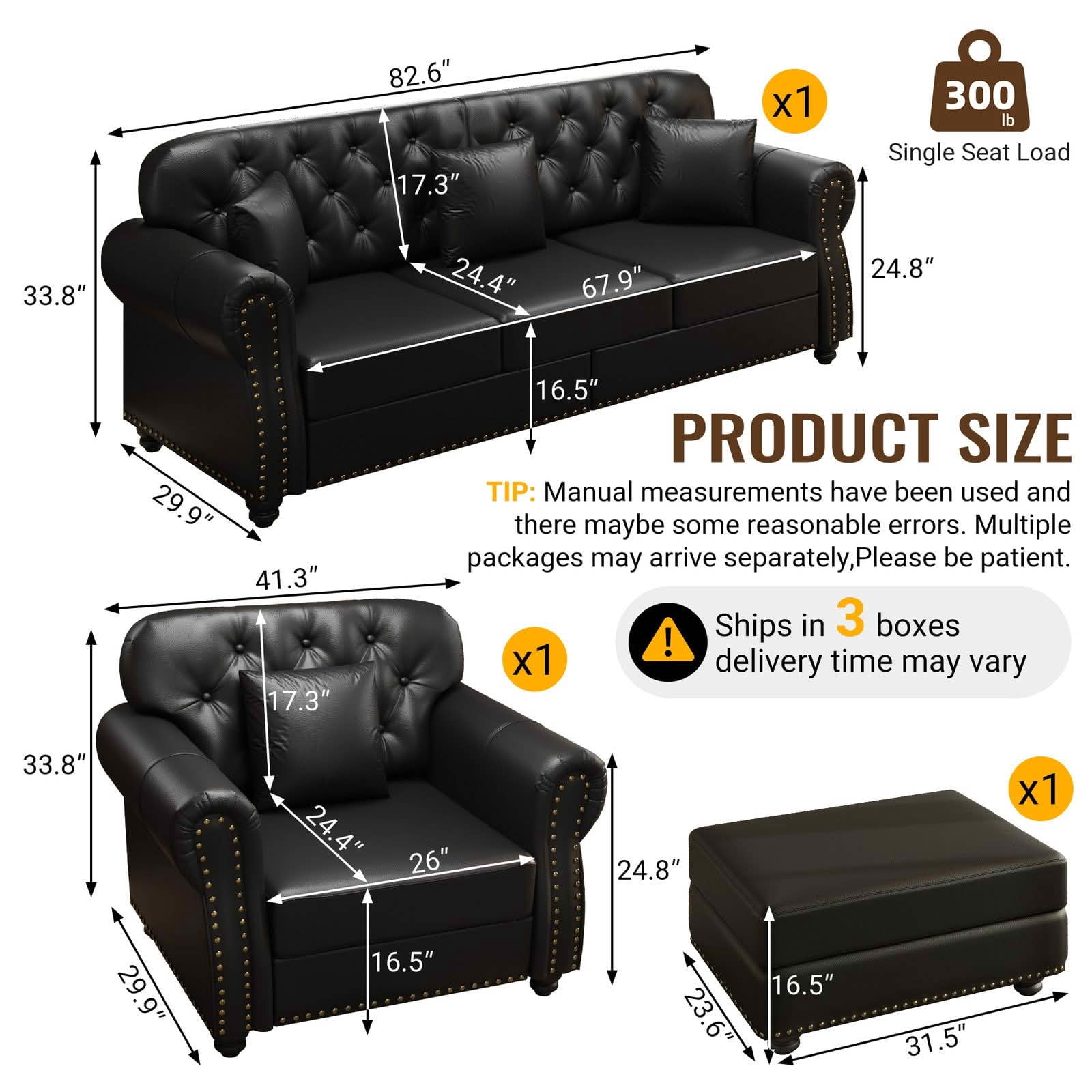 MAYEERTY Mid‑Century Modern Chesterfield Sofa Set, Faux Leather Upholstered 1+3 Seater Combination Couch with Button Tufted, Nailhead Trim & Rolled Armrests, Includes 4 Pillows