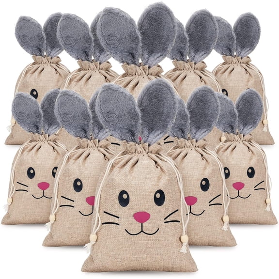 Minzimin 10 Pcs Easter Bunny Bags with Drawstring 7.9 x 10.2 Inch Easter Burlap Bags Rabbit Ears Furry Bunny Bag Cookies Chocolate Party Favors Gift Candy Egg Hunts Stuffer for Kids Girls