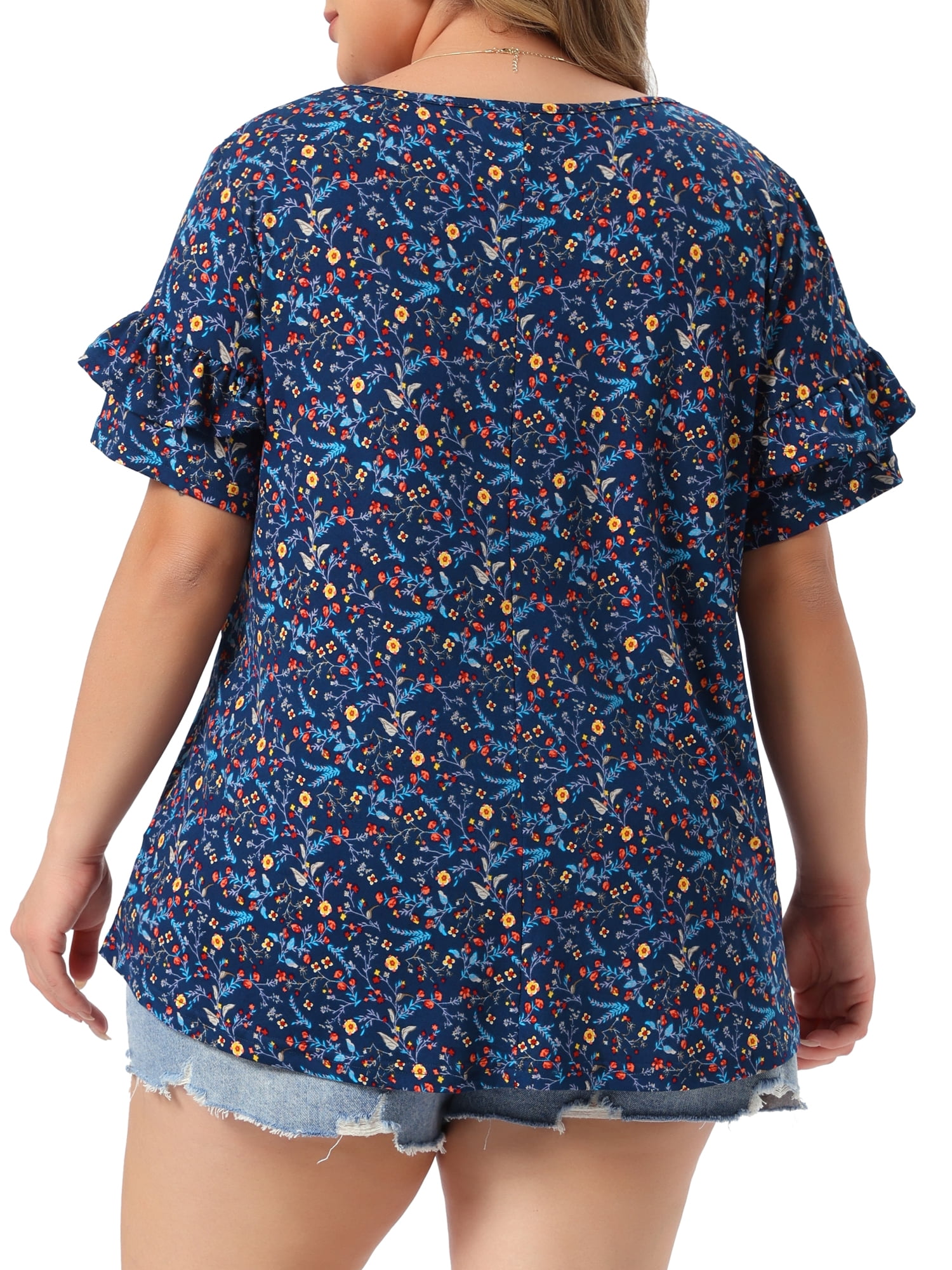 DARING DIVA Women's Plus Soft Tops V Neck Ruffle Sleeve Floral Casual Blouses 4X Dark Blue