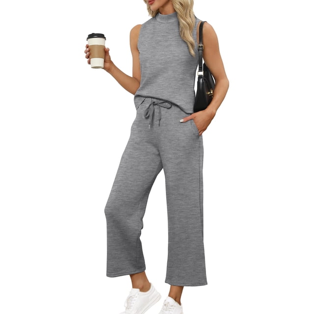 Conjunto de 2 piezas SAMPEEL para mujer, casual, salón, cuello alto, gris, L