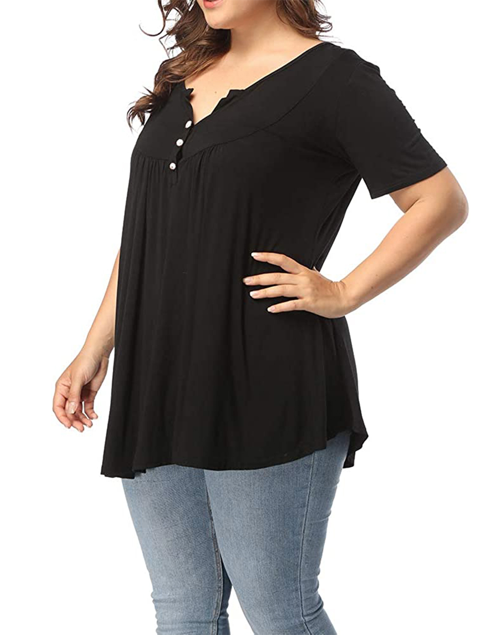 Women's Plus Size V-neck Short Sleeve Henley Shirts Buttons Up Pleated ...