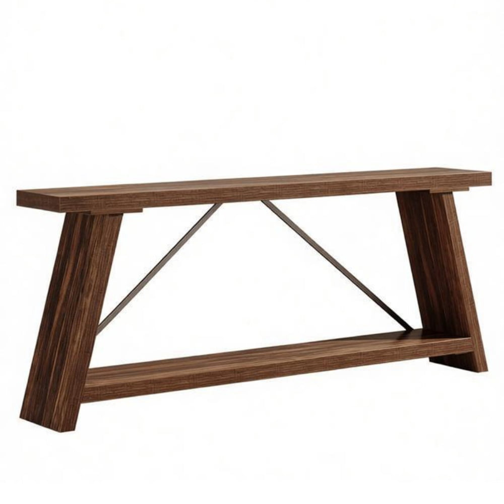 2-Tier Console Table, Rustic Sofa Table with Long Open Shelves, MDF Board & Metal Frame, 230 lbs Capacity with Adjustable Pads for Entryway Living Room