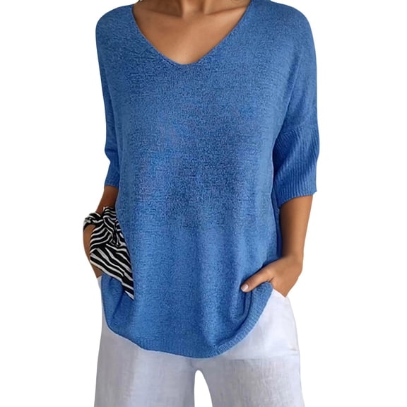 XAOFW Women's Sweater Solid Color 3/4 Sleeve V Neck Sweaters Everyday Wear Slim Fit Knitted Pullover Club Party Trendy Comfortable Knitting Top