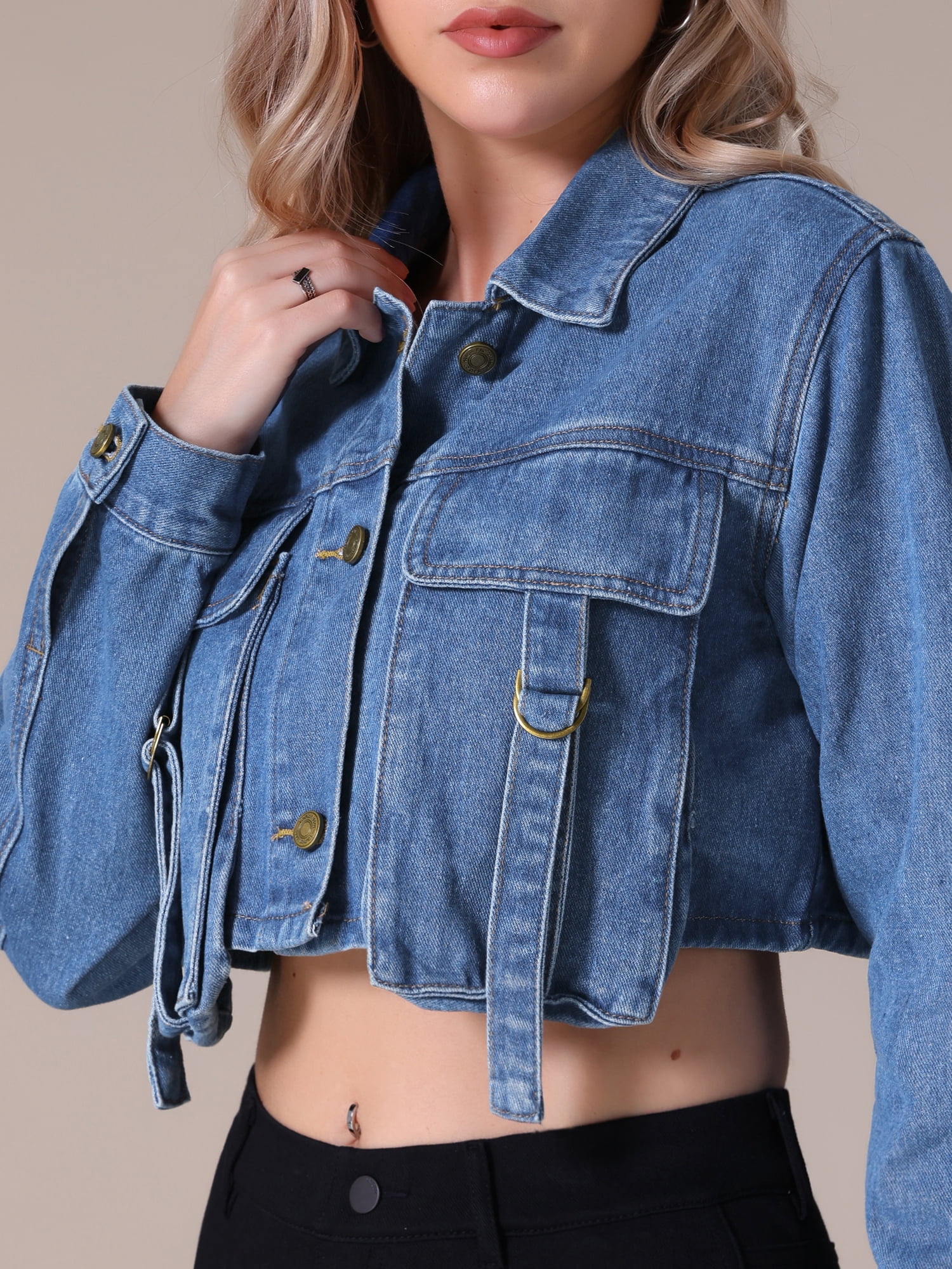 Unique Bargains Women's Button Down Cargo Pockets Washed Jean Jackets S Blue