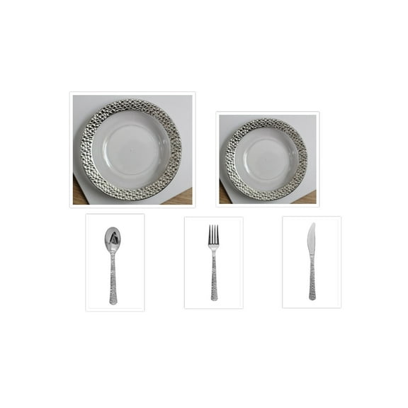 Hammered Collection Clear w/Silver Hammered Border China-Like Plastic 9" Dinner Plates   7" Salad Plates   Cutlery *Party for 40*
