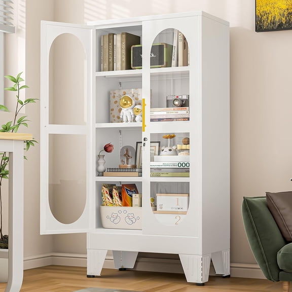 Display Cabinet with Glass Doors, 47" Tall Metal Storage Cabinets with Lock, Curio Glass Display Cabinet with 3 Adjustable Shelves for Living Room, Kitchen, Wine, Home Office(White, 47" H)
