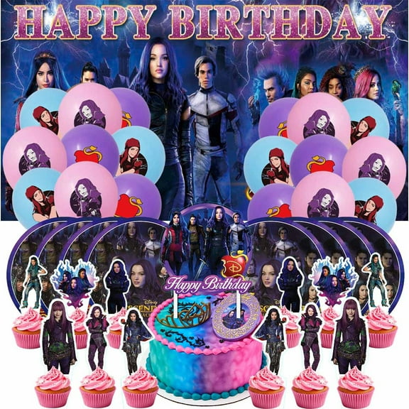 Descendants Party Supplies Set Balloons Tableware Decorations Birthday Paper Plates Cake Topper Decor Banner Backdrop