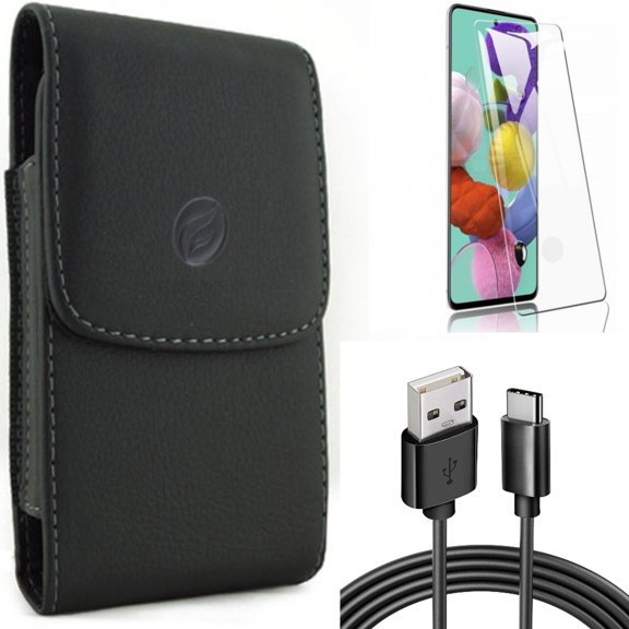 Screen Protector w Case Belt Clip w 6ft USB Cable for Samsung Galaxy S20 - Tempered Glass [Fingerprint Unlock], Leather Holster, Type-C Charger Cord A9B fits Samsung Galaxy S20 Model