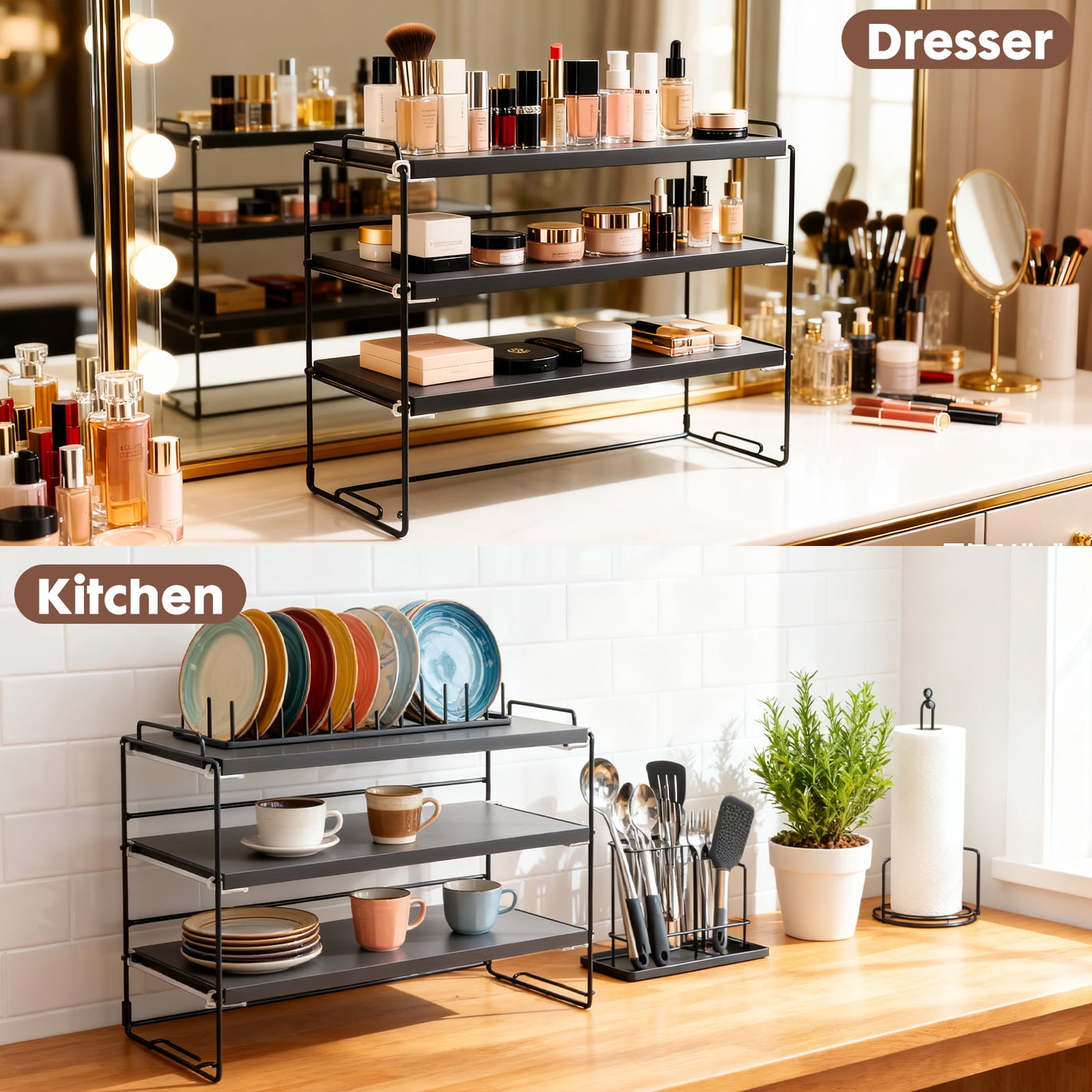 YOYTOO Desk Shelf Organizer, 3 Tier Desktop Organizers Storage Shelves Tabletop Bookshelf for Home Office, Black