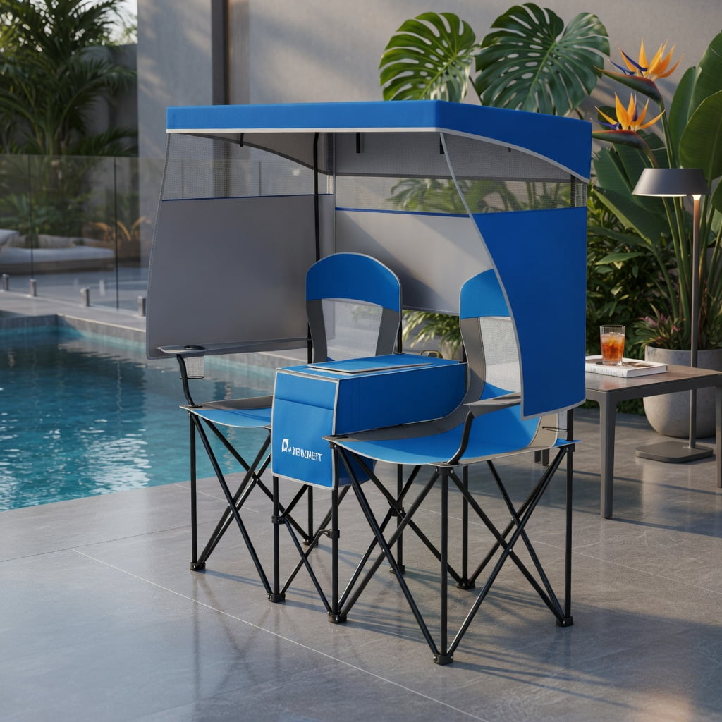 Hommoo Double Beach Chair with Adjustable UPF50+ Canopy, 3-Side Roll-Up Shade Curtains, Built-in Cooler Bag & Mesh Ventilation, Navy