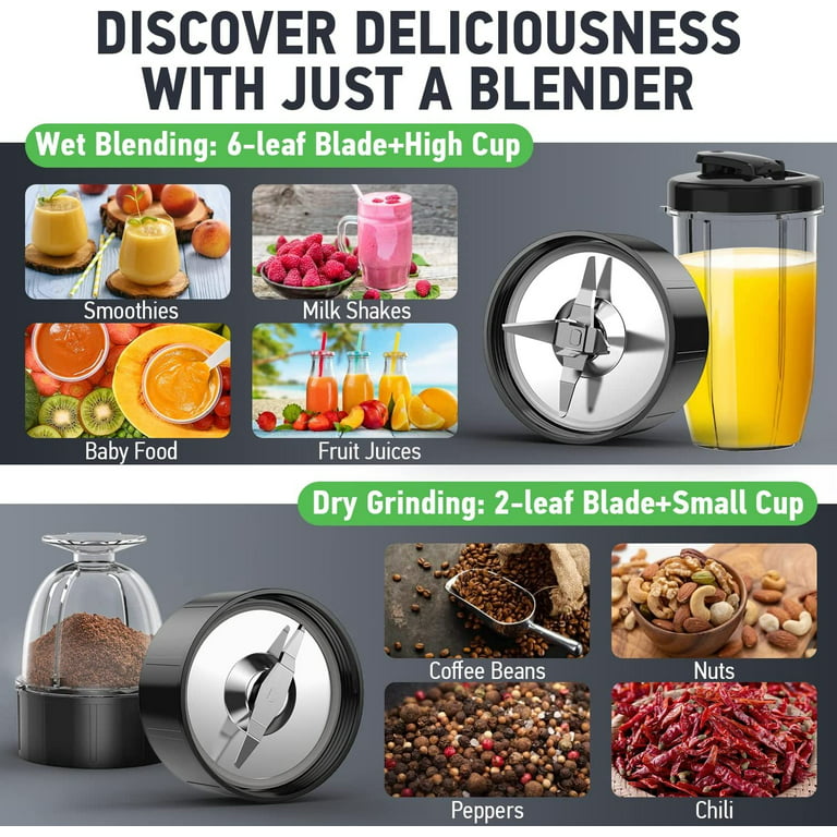 850W Bullet Blender for Shakes and Smoothies, 11 Pieces Personal Smoothie  Blenders for Kitchen, Small Cup Grinder with 2 * 17Oz To-Go Cups and Spout  Lids, Pulse Technology