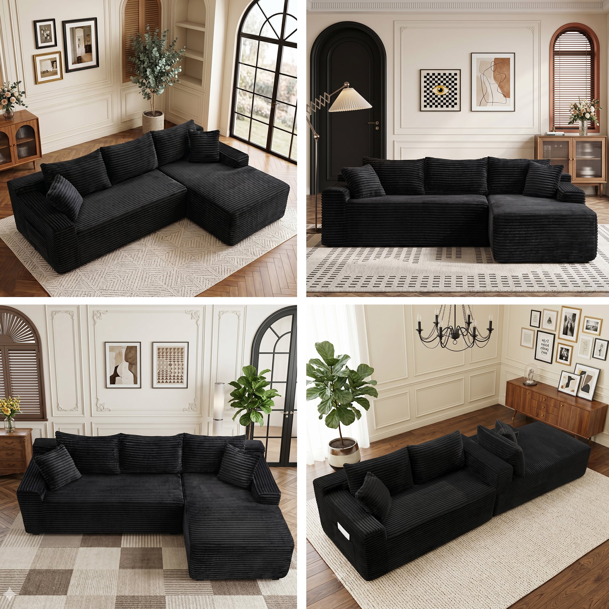 Xiweot 106" Cloud Sectional Sofa Deep Seat Boneless Couch L-Shaped Modular Couch, Modern Right Chaise Corduroy Upholstered Sofa with Side Pockets for Living Room, Gray